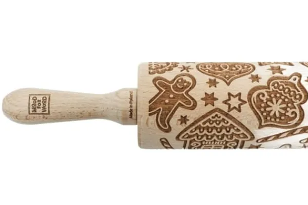 MoodForWood Trækagerulle, Graveret, 43 cm med Håndtag, Perfekt til Bagning - Peberkagemønster