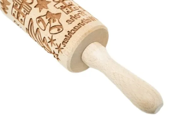 MoodForWood trækagerulle, indgraveret, 43 cm med håndtag, perfekt til bagning - Frohe Weihnachten-mønster Online
