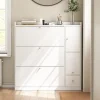 Tøj- & Garderobeopbevaring>Multifunktionelt skoskab 119x24x122 cm - med 3 foldeskuffer - med foldebænk - med dør - hvid