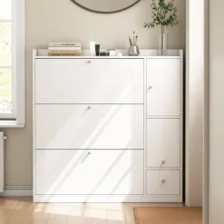 Tøj- & Garderobeopbevaring>Multifunktionelt skoskab 119x24x122 cm - med 3 foldeskuffer - med foldebænk - med dør - hvid