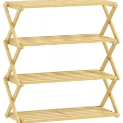 Tøj- & Garderobeopbevaring>Natorleg Bambus Skoreol med 4 Niveauer - Klar til brug Foldbar Skohylde til Entré - 60 x 29 x 67 cm, Naturfarvet