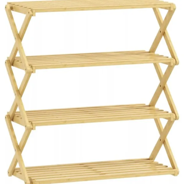 Tøj- & Garderobeopbevaring>Natorleg Bambus Skoreol med 4 Niveauer - Klar til brug Foldbar Skohylde til Entré - 60 x 29 x 67 cm, Naturfarvet