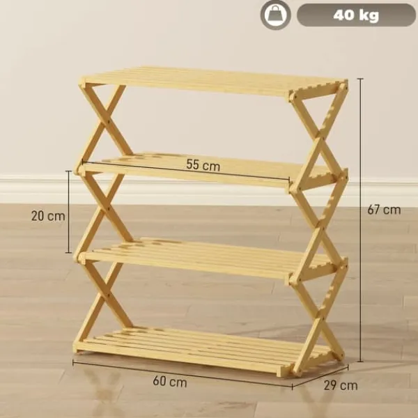 Tøj- & Garderobeopbevaring>Natorleg Bambus Skoreol med 4 Niveauer - Klar til brug Foldbar Skohylde til Entré - 60 x 29 x 67 cm, Naturfarvet