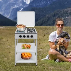 Komfurer>Nødkomfur - Udendørs gaskomfur med 4 blus - Opbevaringshylde - Naturgas/LPG - 49×49×79 cm - Jern - 9 kg - Rød