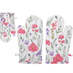 NICOLE tyk tekstil ovnhandske, 100% bomuld, art. 52343, mønster 5, hvid med farverige blomster og grønne kviste Clearance