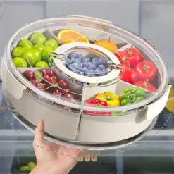 Beholdere Til Madopbevaring>OBOSOE 360° roterende frugt- og snackbakke med låg og håndtag – alsidig PP-plastarrangør til frugt, grøntsager og snacks