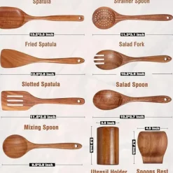 OBOSOE 9 Stykke Teak Køkkengrej Sæt - Træspatel, øse, gaffel osv. med opbevaringskrukke og skestativ, til non-stick pander New
