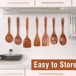 OBOSOE 9 Stykke Teak Køkkengrej Sæt - Træspatel, øse, gaffel osv. med opbevaringskrukke og skestativ, til non-stick pander New