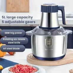 Mixere & Blendere>OBOSOE elektrisk kødhakker 5L - foodprocessor i rustfrit stål til kød, grøntsager og nødder | Med 4 skarpe knive og pastatilbehør