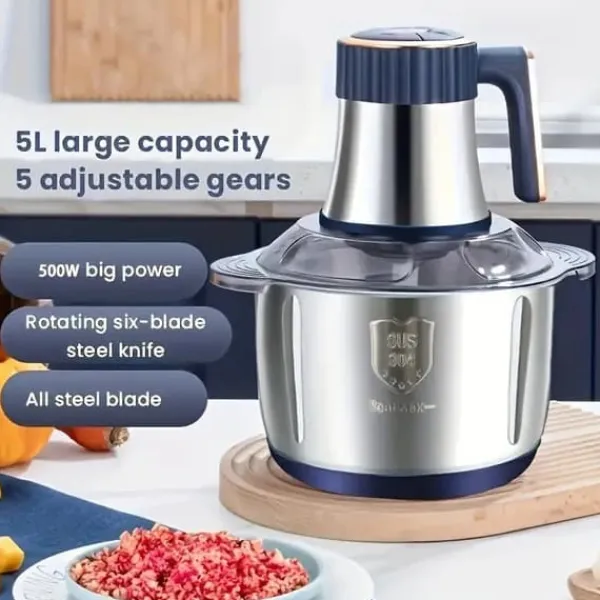 Mixere & Blendere>OBOSOE elektrisk kødhakker 5L - foodprocessor i rustfrit stål til kød, grøntsager og nødder | Med 4 skarpe knive og pastatilbehør