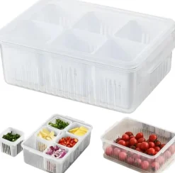 Beholdere Til Madopbevaring>OBOSOE 6-i-1 køleboks - Plastbeholder med låg til grøntsager og frugter | Frisk afløbsboks til køkken