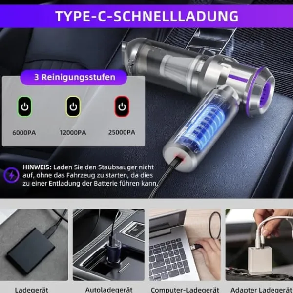 Håndstøvsugere>OBOSOE 4-i-1 Trådløs Håndholdt Støvsuger – Mini Støvsuger med Selvtømning, 3 Sugeniveauer til Hjem, Bil & Kæledyr
