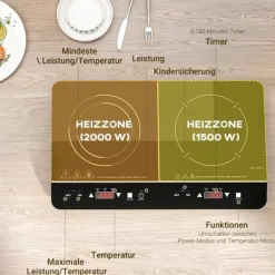 OBOSOE induktionskogeplade 2 brændere – 3500W, 8 effekt og 10 temperaturindstillinger, børnesikkerhed og timer, bærbar Hot