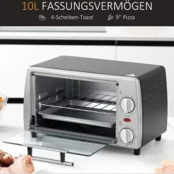 OBOSOE 10L elektrisk ovn – justerbar temperatur, 750W, timer, grill og stegepande, kompakt design, sølv og sort Hot
