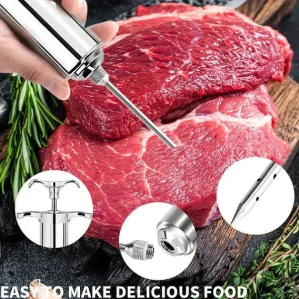 Jerky Pistol>OBOSOE marinadesprøjte i rustfrit stål – Kødspyd med 3 nåle til grill, grill, bøf og marinade