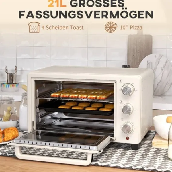 Grill-Ovne & Ovn Med Roterende Stegespyd>OBOSOE Miniovn 21L med rotorspyd – Brødristerovn med bageplade og rist, 3 positioner til bagning, rustfrit stål, cremehvid