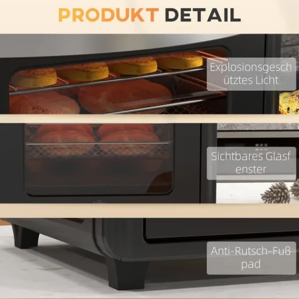 Grill-Ovne & Ovn Med Roterende Stegespyd>OBOSOE Miniovn med varmluft – 30L, 7 funktioner, 90°C - 230°C, Bageplade, Grillrist, Krummebakke, Frituregryde med friturekurv, Sort
