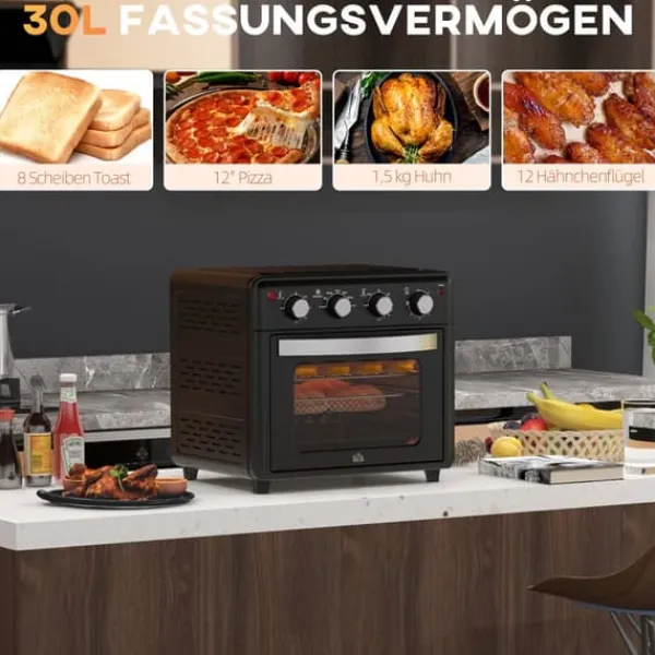 Grill-Ovne & Ovn Med Roterende Stegespyd>OBOSOE Miniovn med varmluft – 30L, 7 funktioner, 90°C - 230°C, Bageplade, Grillrist, Krummebakke, Frituregryde med friturekurv, Sort