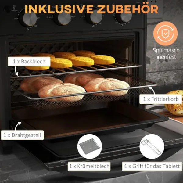 Grill-Ovne & Ovn Med Roterende Stegespyd>OBOSOE Miniovn med varmluft – 30L, 7 funktioner, 90°C - 230°C, Bageplade, Grillrist, Krummebakke, Frituregryde med friturekurv, Sort