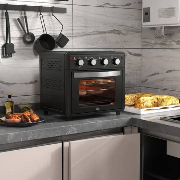 Grill-Ovne & Ovn Med Roterende Stegespyd>OBOSOE Miniovn med varmluft – 30L, 7 funktioner, 90°C - 230°C, Bageplade, Grillrist, Krummebakke, Frituregryde med friturekurv, Sort