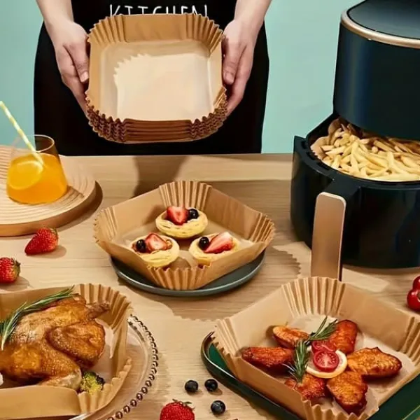 Bagning>OBOSOE 100-Pack Air Fryer Paper - Non-Stick bagepapir til Airfryer, ovn og mikroovn, let at rengøre, tidsbesparende