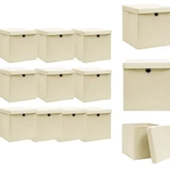 Opbevaringsæsker Til Hjemmet>Opbevaringskasser - Living opbevaringskasser med låg 10 stk. 32x32x32 stof cremefarvet