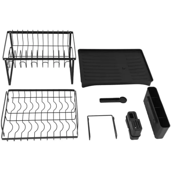 Opvaskestativer & Tørrestativer>Opvaskestativ til køkkenbord - Tørrestativ til service - To Niveauer - Afløbstud - Bestikholder - Drypbakke - 42x30x29 cm - Sort