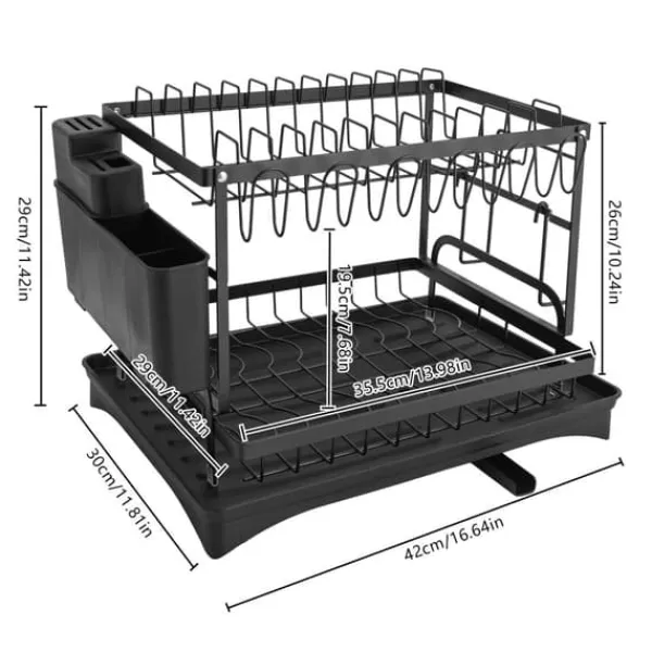 Opvaskestativer & Tørrestativer>Opvaskestativ til køkkenbord - Tørrestativ til service - To Niveauer - Afløbstud - Bestikholder - Drypbakke - 42x30x29 cm - Sort