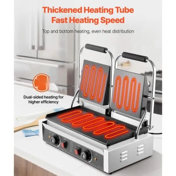 Brødristere, Raclettegrills Og Sandwichtoastere>Panini Grill, 3600W Elektrisk Sandwich Maker, Rustfrit Stål Dobbelt Presse, 48x23cm Emaljeplade
