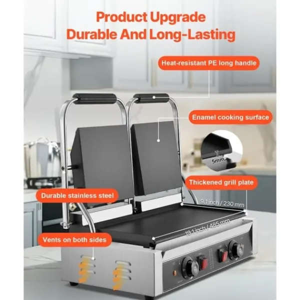 Brødristere, Raclettegrills Og Sandwichtoastere>Panini Grill, 3600W Elektrisk Sandwich Maker, Rustfrit Stål Dobbelt Presse, 48x23cm Emaljeplade