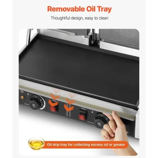 Brødristere, Raclettegrills Og Sandwichtoastere>Panini Grill, 3600W Elektrisk Sandwich Maker, Rustfrit Stål Dobbelt Presse, 48x23cm Emaljeplade