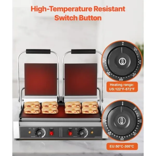 Brødristere, Raclettegrills Og Sandwichtoastere>Panini Grill, 3600W Elektrisk Sandwich Maker, Rustfrit Stål Dobbelt Presse, 48x23cm Emaljeplade