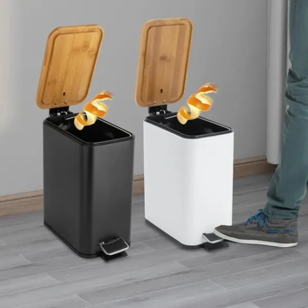 Skraldespande & Papirkurve>Pedalspand - Affaldsspand 5 l - Rektangulær - Fodpedal - Jern/Plast/Bambus - Til badeværelse og køkken - Hvid