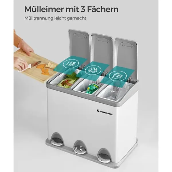 Affaldssorteringsspande>Pedalspand, 3 x 8L genbrugsspand, metalskraldespand med 3 rum, affaldssortering til køkkenet, inkluderer 15 affaldsposer, nem at rengøre, stål, hvid | CDON