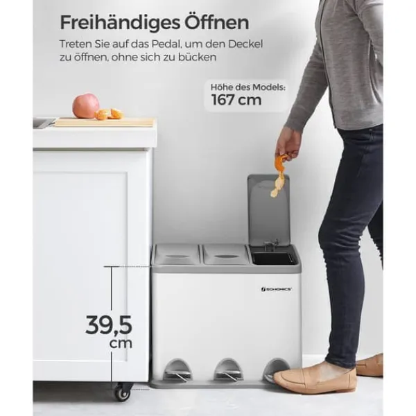 Affaldssorteringsspande>Pedalspand, 3 x 8L genbrugsspand, metalskraldespand med 3 rum, affaldssortering til køkkenet, inkluderer 15 affaldsposer, nem at rengøre, stål, hvid | CDON