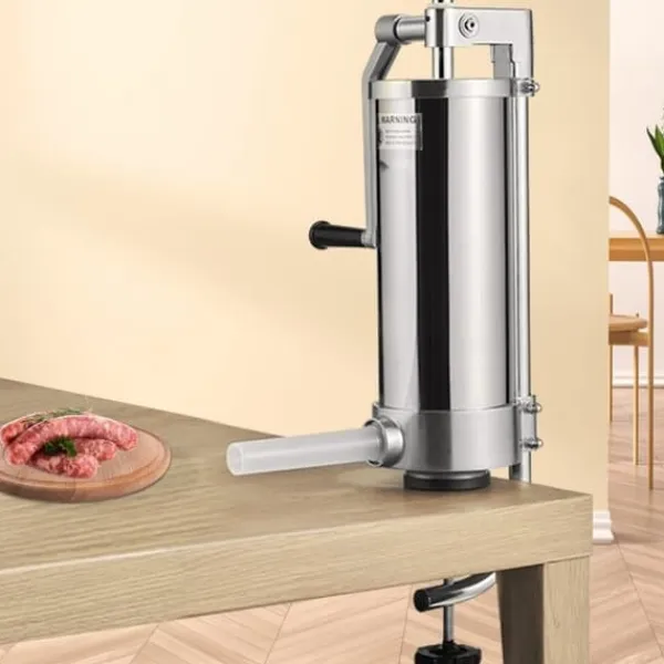 Madlavningsmaskiner>Pølsestopper i 5 lbs/3L kapacitet, lavet af 304 rustfrit stål, med 3 fyldrør og manuel håndsving. Ideel til husholdning eller erhverv.