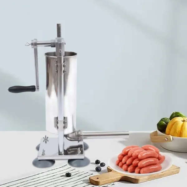 Pressere>Pølsestopper, vertikal manuel 3 L, rustfrit stål, 4 pølsehorn
