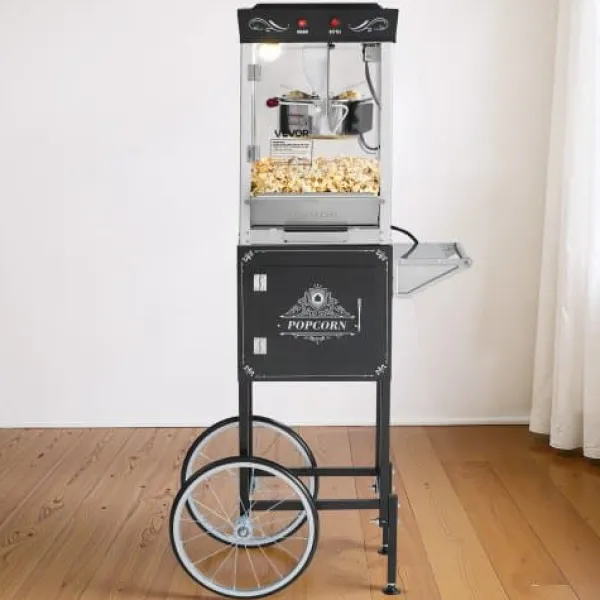 Popcornmaskiner>Popcornmaskine med vogn, 0,2 kg rustfrit stålkedel, sort, kommerciel