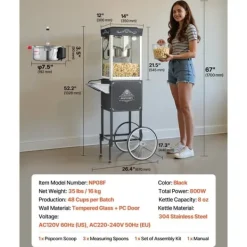 Popcornmaskine med Vogn, Rustfrit Stål Elkedel, 800W, 48 Kopper/Portion, 2-Knaps, Glasvæg, Pc-Dør, Sort Outlet
