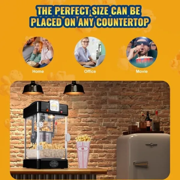 Popcornmaskiner>Popcornmaskine 300W, 2,5 Oz bordpladepopcornmaskine, hurtig opvarmning, nem at bruge, sort design.