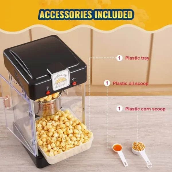 Popcornmaskiner>Popcornmaskine 300W, 2,5 Oz bordpladepopcornmaskine, hurtig opvarmning, nem at bruge, sort design.