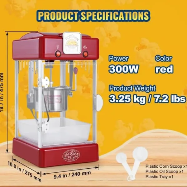 Popcornmaskiner>Popcorn-maskine 300W, 2,5 oz bordmodel, hurtig opvarmning, rød popcornpopper til hjemmebiograf.