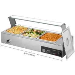 Professionel buffetvarmer - Elektrisk bain-marie - Bordmodel - 1500 W - 3 x GN 1/2 bakker - Glaslåg - Rustfrit stål