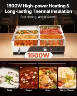 Professionel madvarmer - Elektrisk bain marie - 1500 W - Rustfrit stål - 6 beholdere med låg - Hurtig opvarmning - Bordmodel New