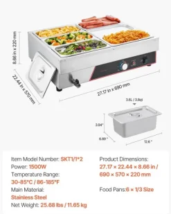 Professionel madvarmer - Elektrisk bain marie - 1500 W - Rustfrit stål - 6 beholdere med låg - Hurtig opvarmning - Bordmodel New