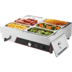 Professionel madvarmer - Elektrisk bain marie - 1500 W - Rustfrit stål - 6 beholdere med låg - Hurtig opvarmning - Bordmodel New