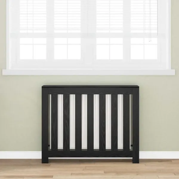 Radiatorcover i sort eg - Pladsbesparende i trælook | Størrelse: 104x20x82 cm Outlet