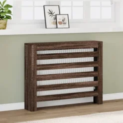 Radiatorer>Radiatorskjuler med hylde - Modern lameldesign | Størrelse: 104x20x82 cm | Farve: Brun egetræ
