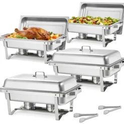 Rektangulære varmefade - 4-pak chafing dish - Stor 9,91 l pr. fad - Rustfrit stål - Komplet sæt med låg, brændstofholder og tænger - Buffetvarmer Sale