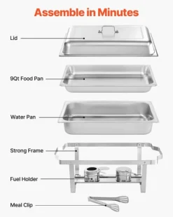 Rektangulære varmefade - 4-pak chafing dish - Stor 9,91 l pr. fad - Rustfrit stål - Komplet sæt med låg, brændstofholder og tænger - Buffetvarmer Sale